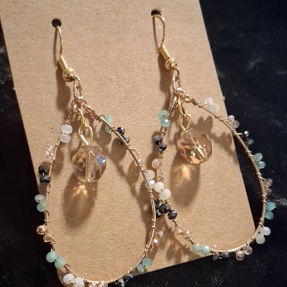 Gold and Multicolor Beaded Teardrop Earrings - Picture 3 of 6